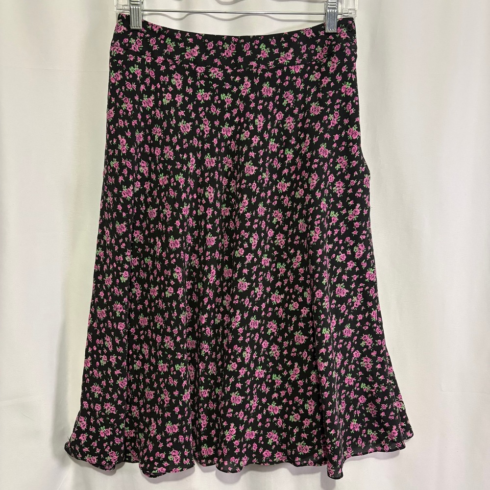 Vintage Jones NY A-Line Midi Skirt 100% Silk Retro 90s Pink Floral Whimisgoth